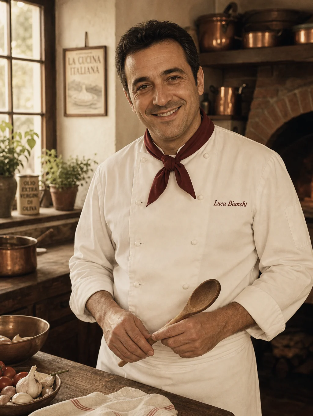 Executive Chef Luca Bianchi plating handmade ravioli in copper cookware