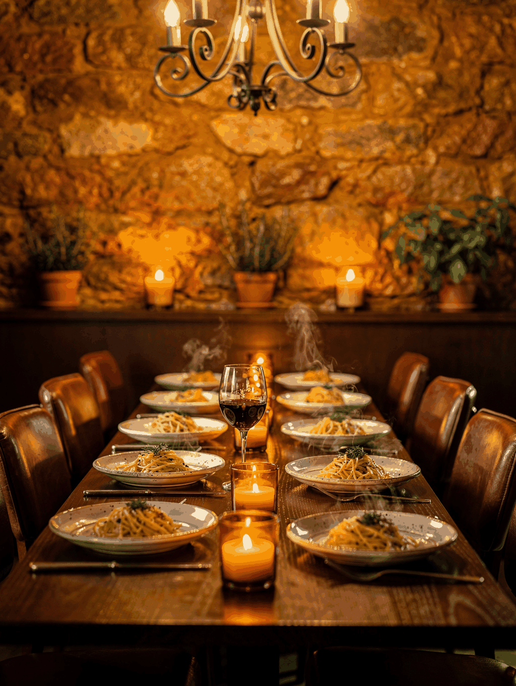 Candlelit wooden dining table in private cellar room