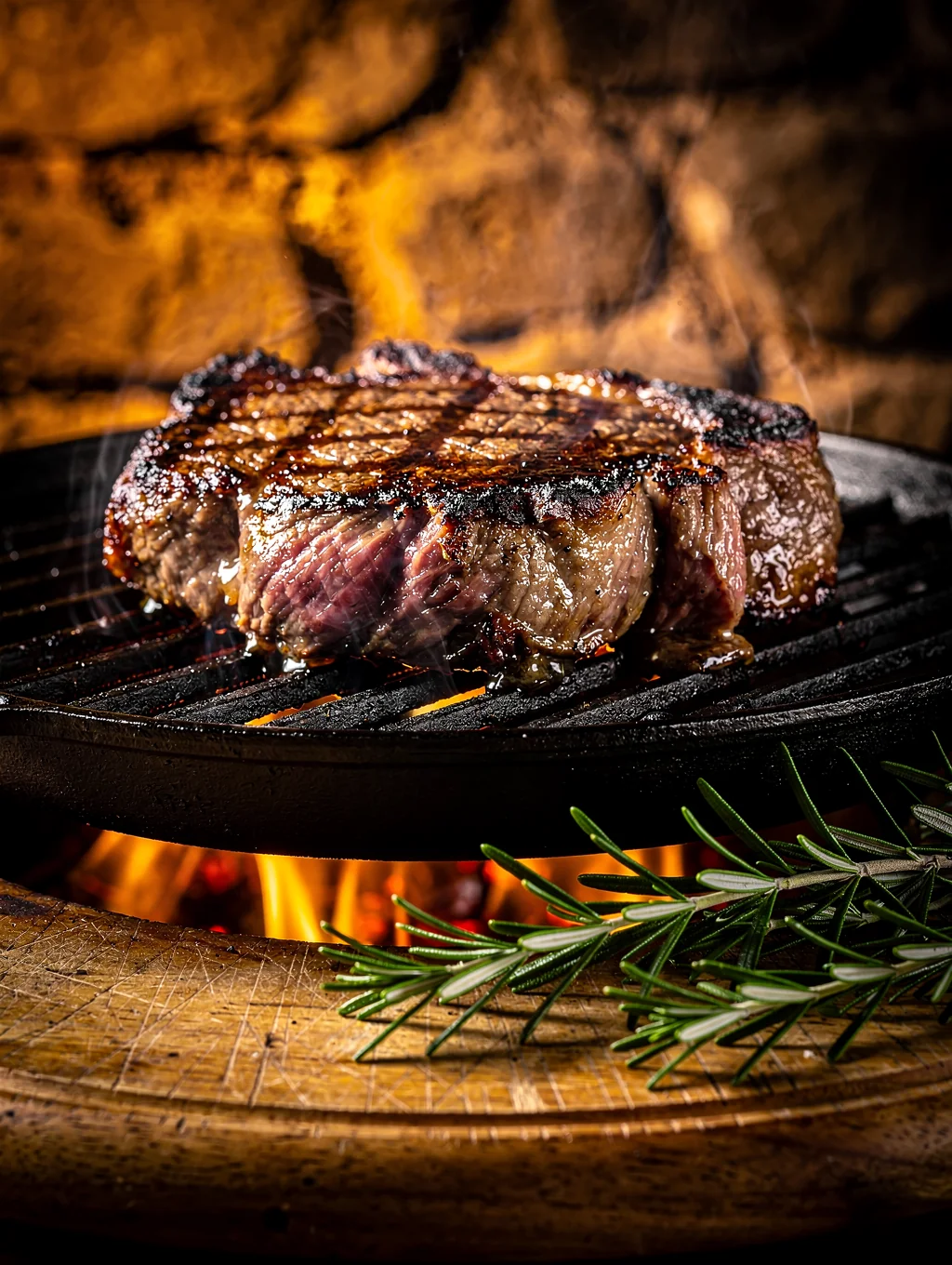 Thick cut T-bone steak over glowing hearth embers with rosemary