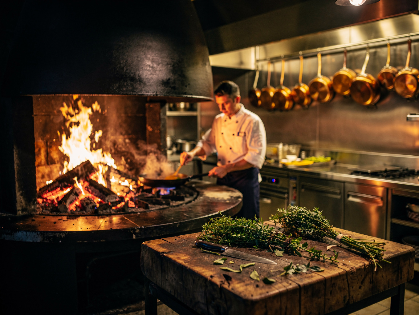 Chefs plating dishes behind a flaming hearth counter