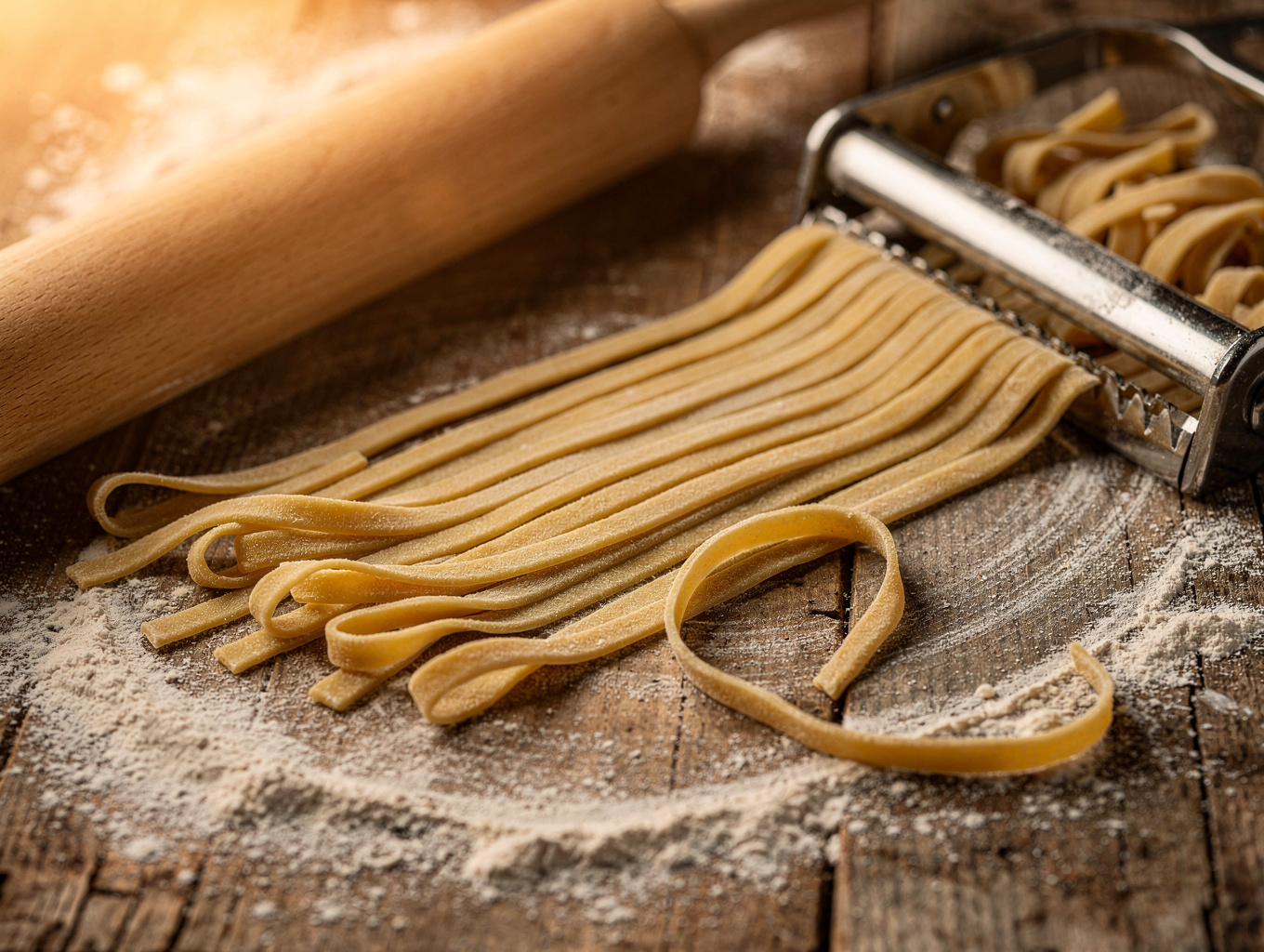 Fresh pasta dough being rolled on floured marble surface