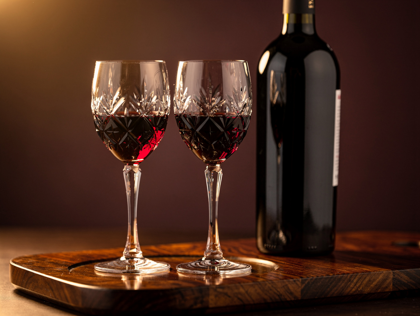 Crystal wine glasses set beside aged Barolo bottles on dark wood