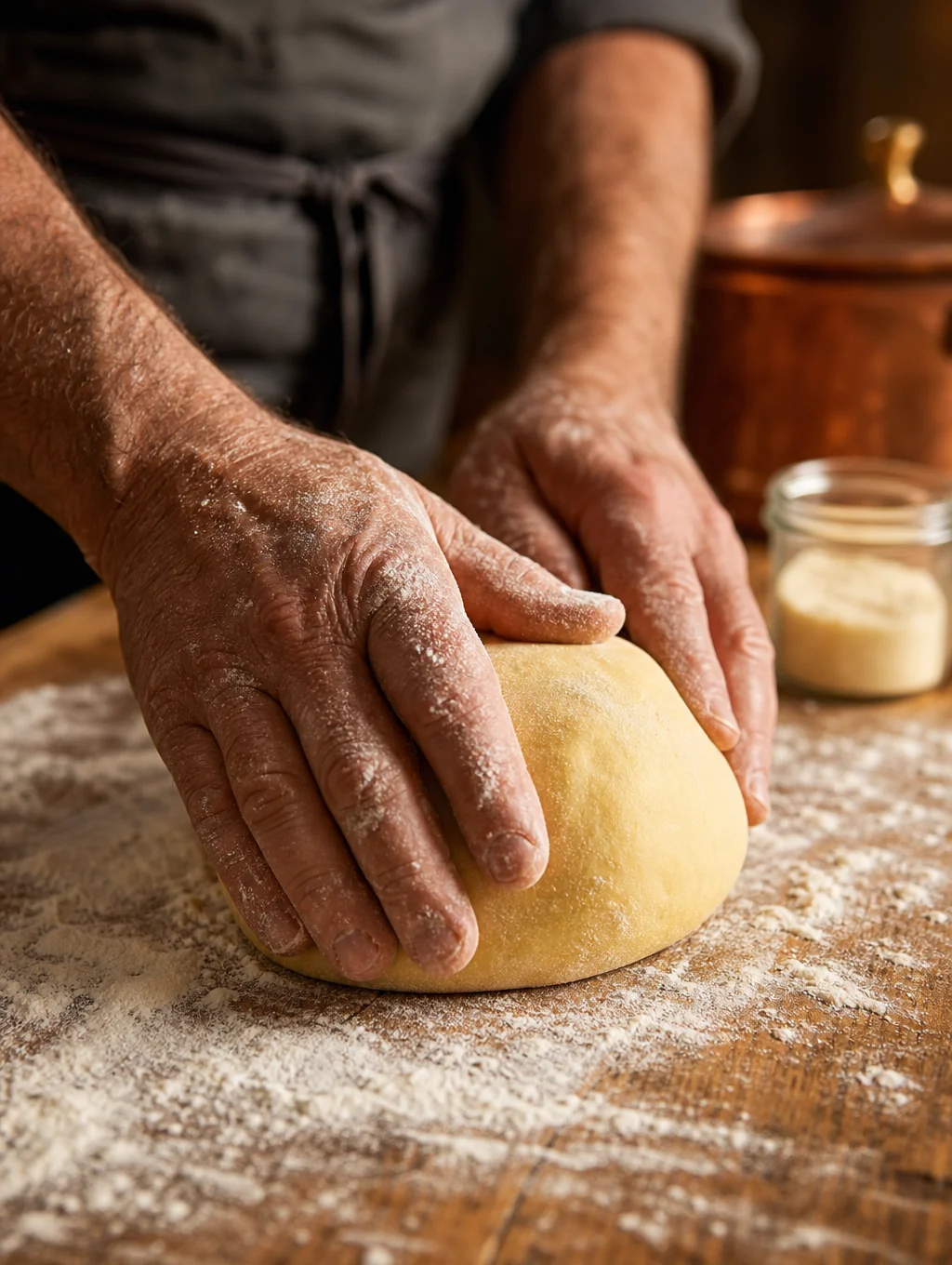 Artisan hands gently kneading semolina pasta dough on marble